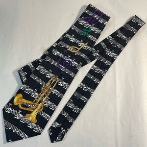 Florence Silk Tie Co. Trumpet Tie Musical Notes black white gold purple green